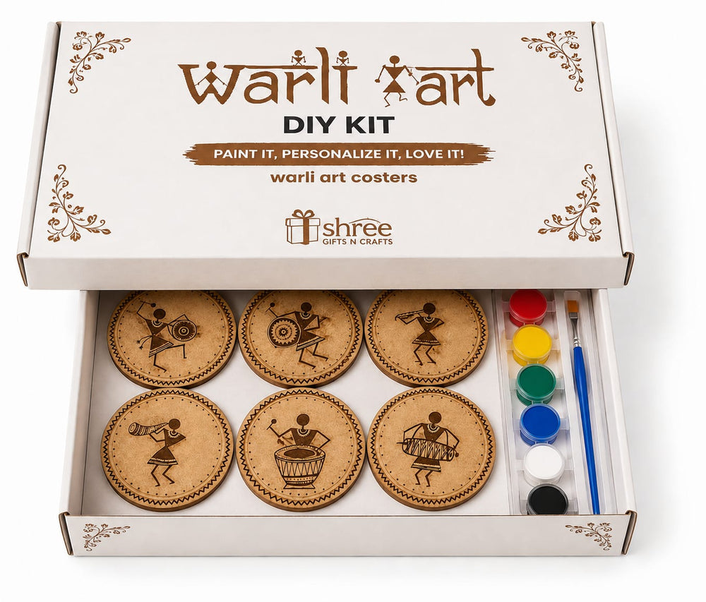 Warli Art DIY Kit – MDF Coasters with Paint & Brush