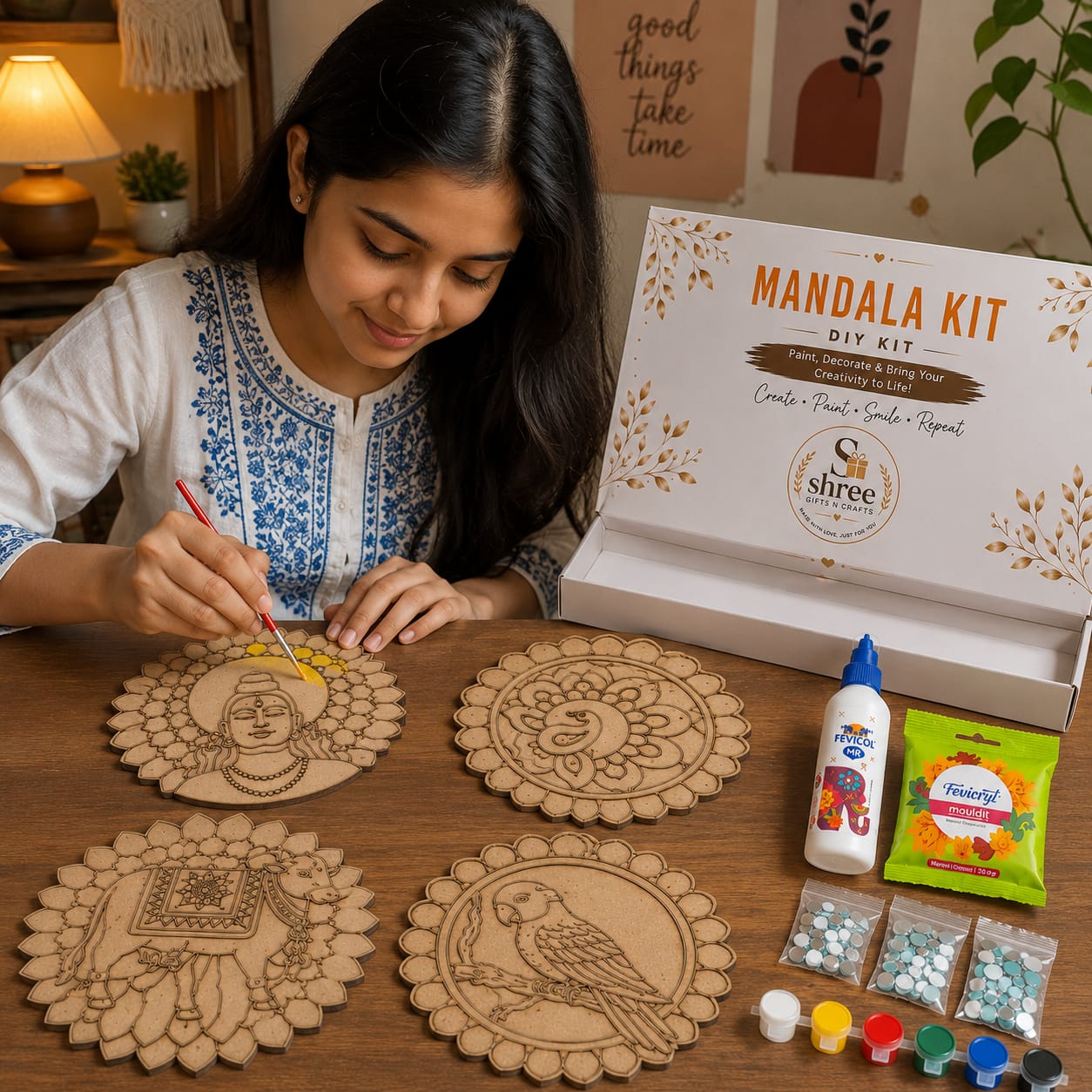 Mandala DIY Art Kit – 3 Pre-Marked MDF Cutouts, Paints, Mirrors & Clay for Kids and Adults