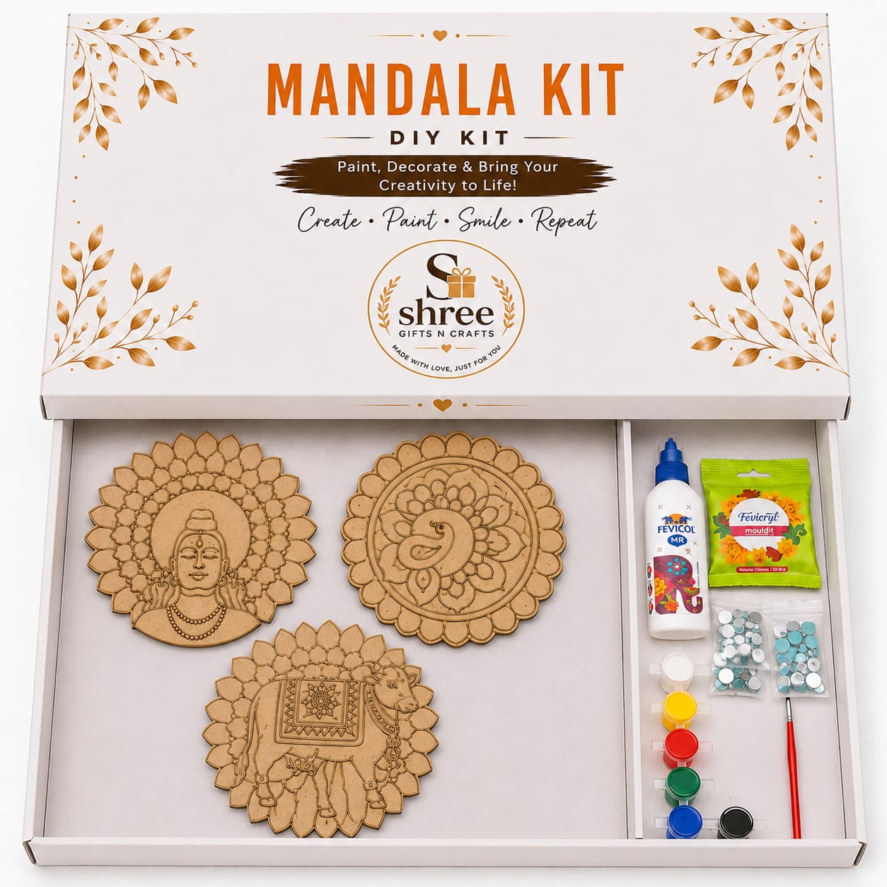 Mandala DIY Art Kit – 3 Pre-Marked MDF Cutouts, Paints, Mirrors & Clay for Kids and Adults