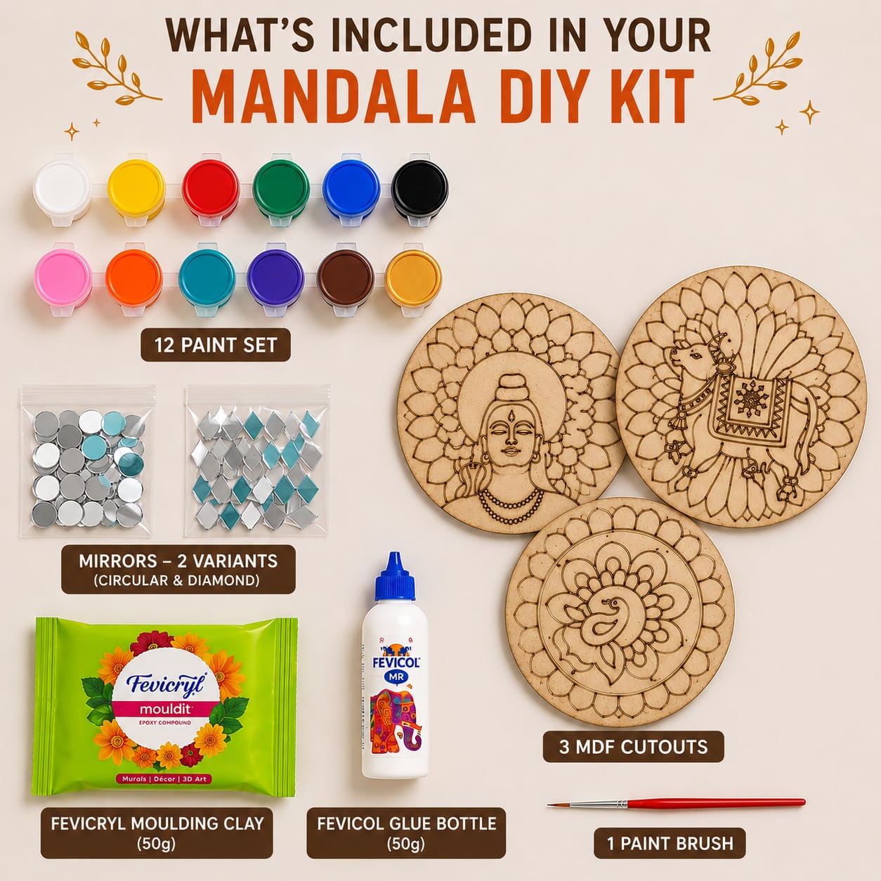 Mandala DIY Art Kit – 3 Pre-Marked MDF Cutouts, Paints, Mirrors & Clay for Kids and Adults