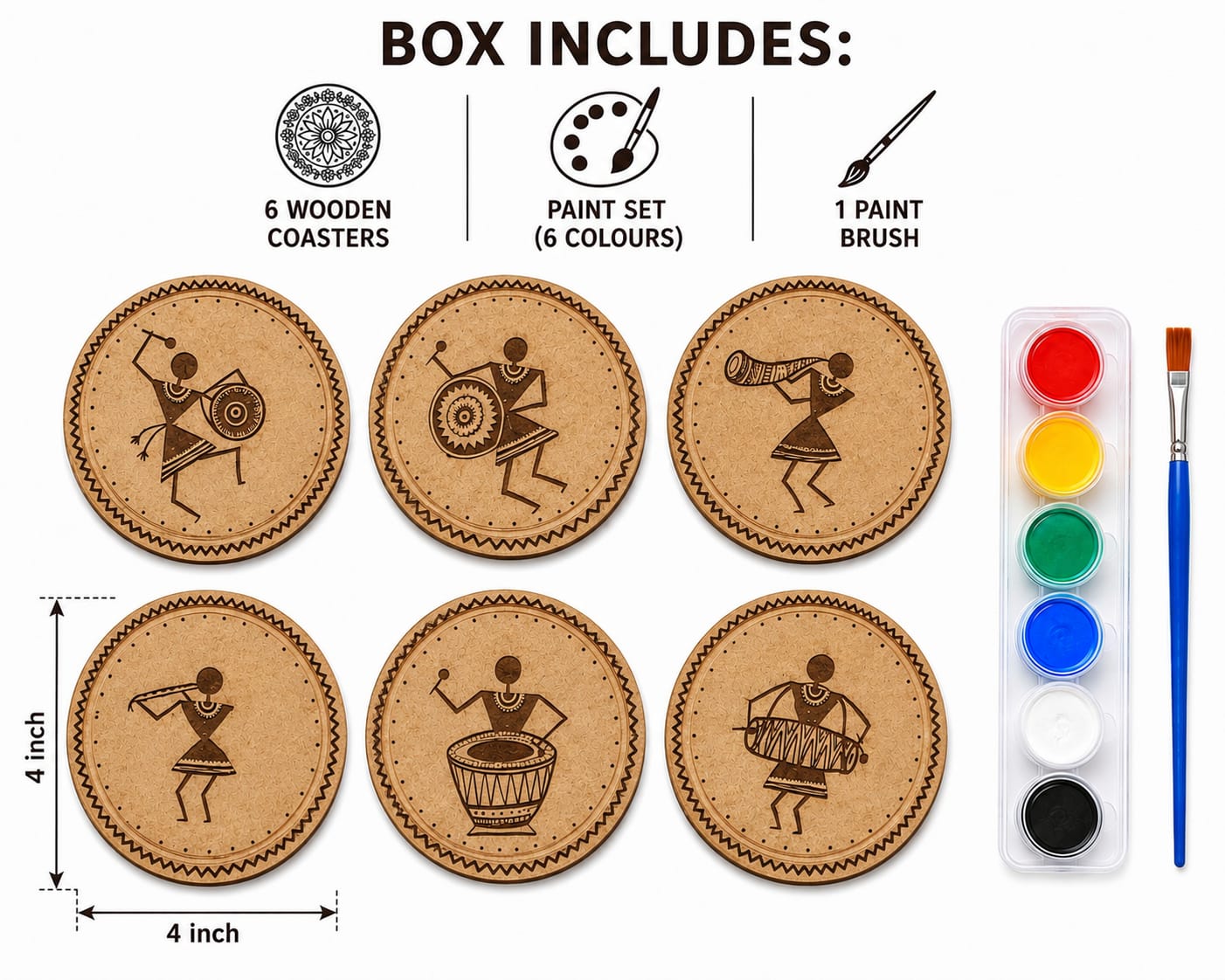 Warli Art DIY Kit – MDF Coasters with Paint & Brush