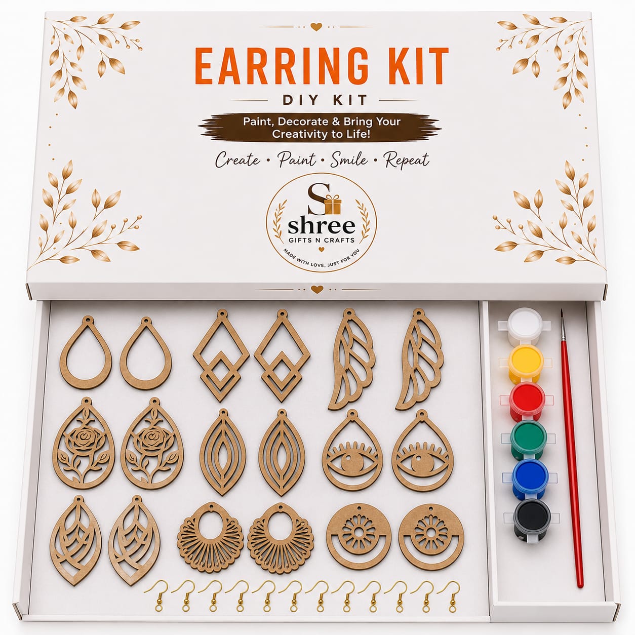 DIY Wooden Earring Painting Kit – 12 Unique Earring Pairs with Acrylic Paints & Hooks | Creative Art & Craft Kit for Girls, Teens & Adults