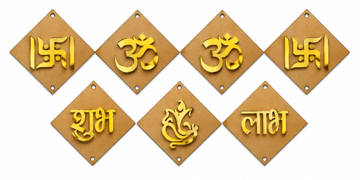 MDF & Golden Acrylic Cutouts for Toran, Bandarwar,Hangings, Latkans-Set of 7 Pieces -Design 6